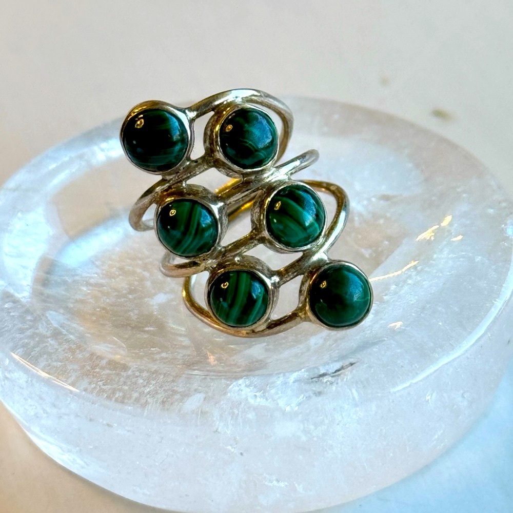Sterling Silver Malachite Ring with Multi-Stone Design size 6.5